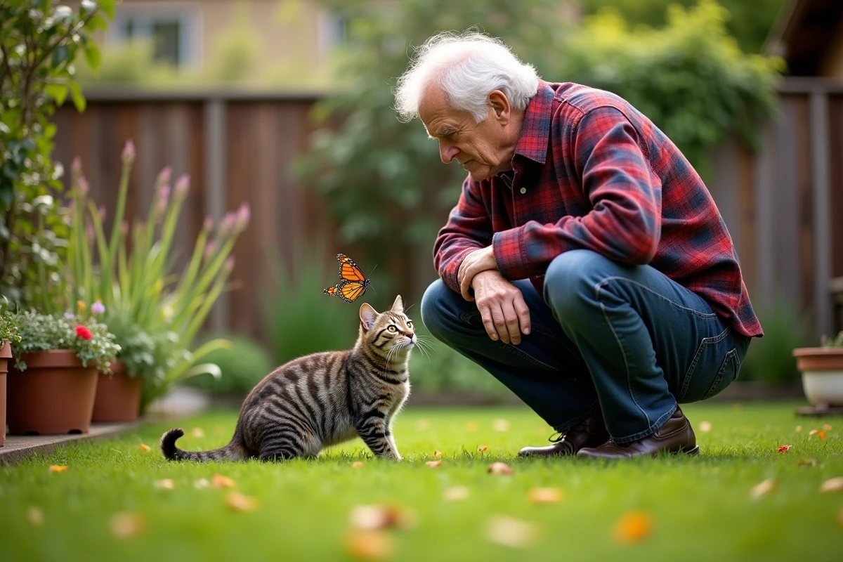 Homme âgé avec chat tigré dans un jardin verdoyant