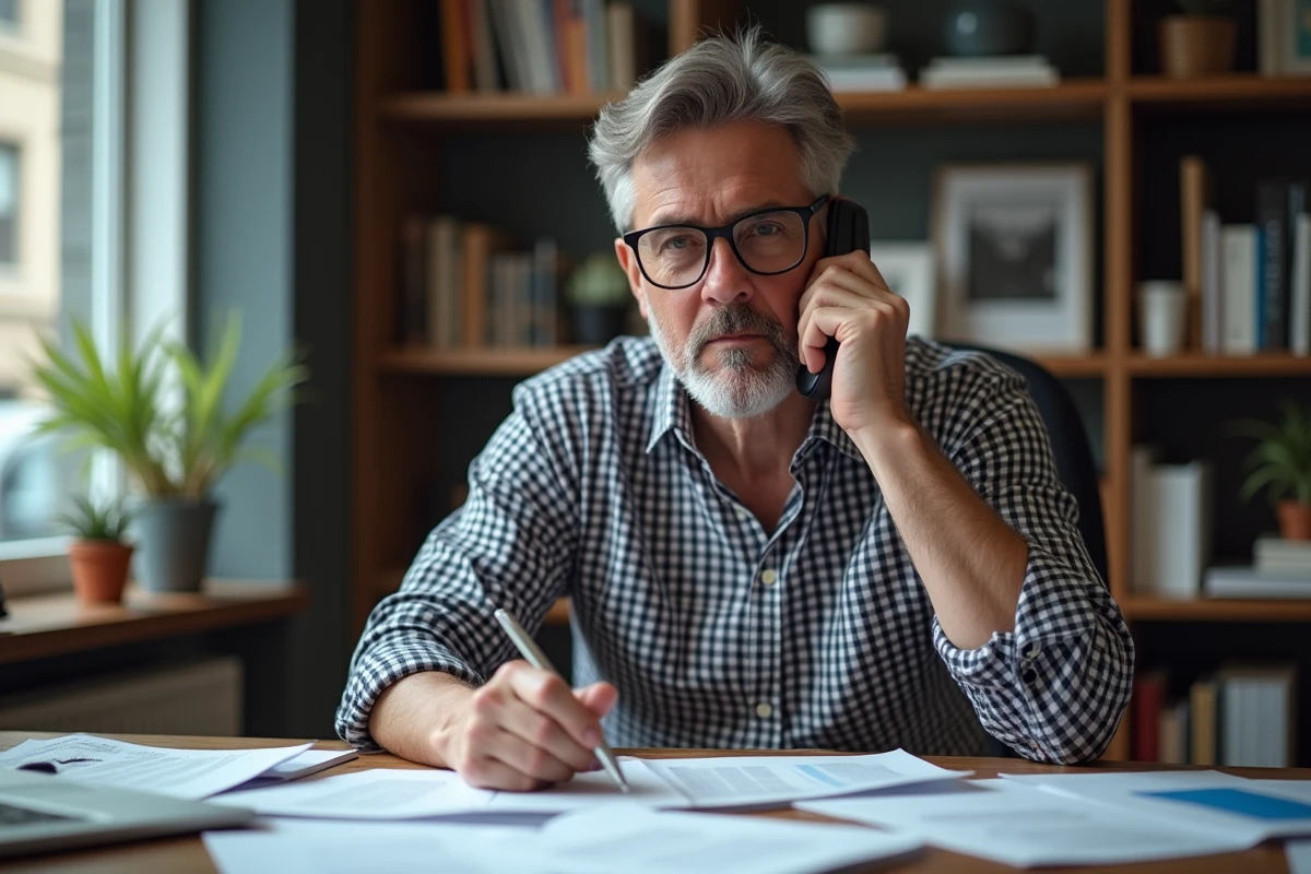 Homme d age au bureau parlant au téléphone