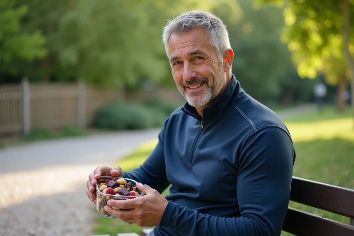 Homme en tenue sportive prenant une collation énergétique à base de noix et fruits secs dans un parc en plein air