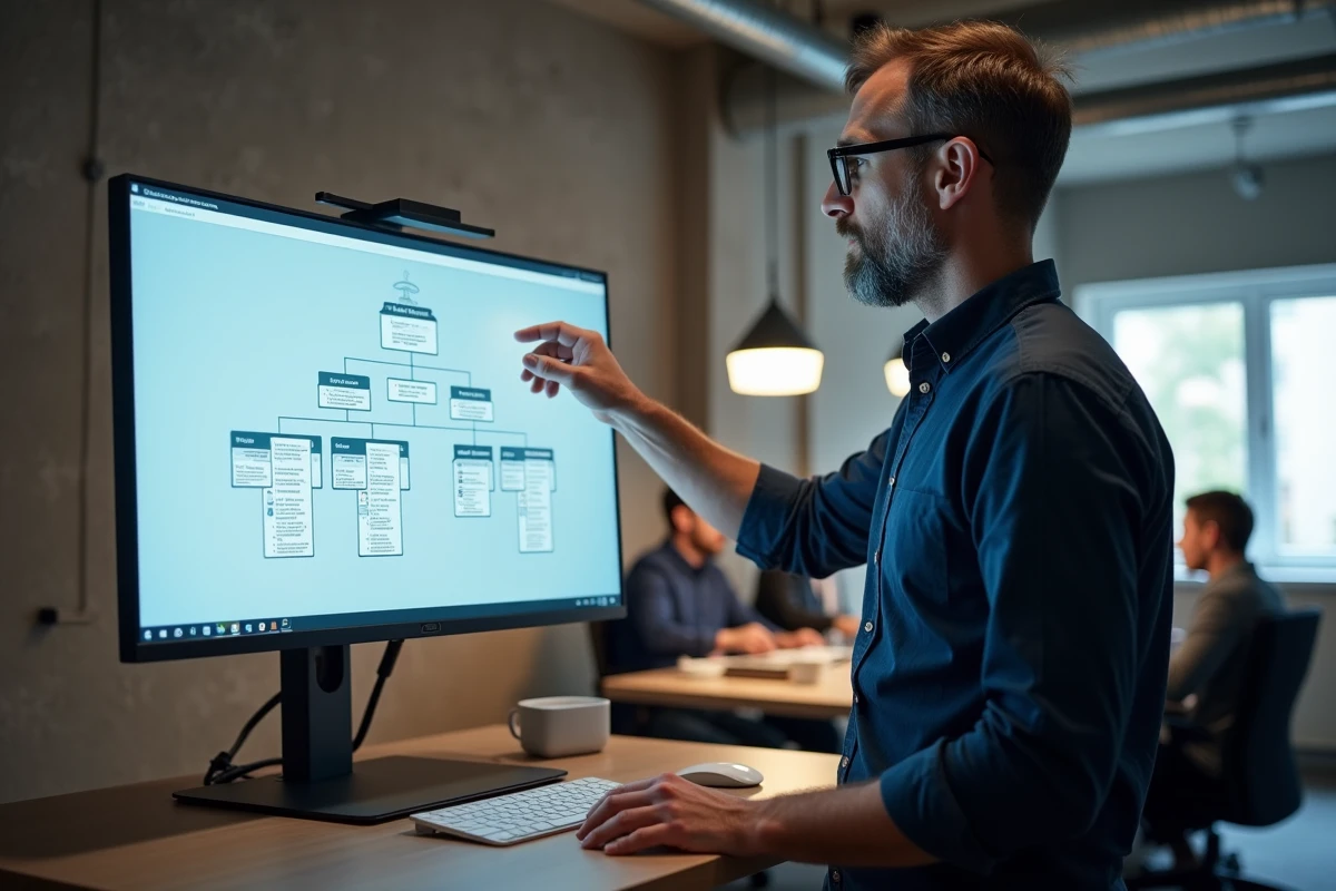 Homme consultant un plan de site hiérarchique sur un grand écran dans un bureau en open space