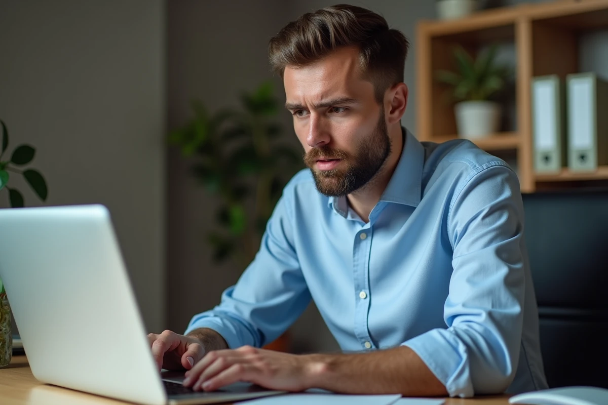 Homme effectuant une démarche en ligne sur le site France Travail pour signaler un retard de paiement allocation