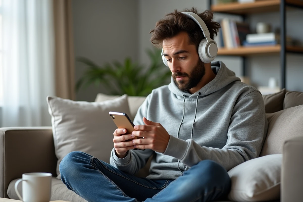 Homme adulte pratiquant l'échange linguistique via l'application Lingoo sur smartphone dans un salon moderne