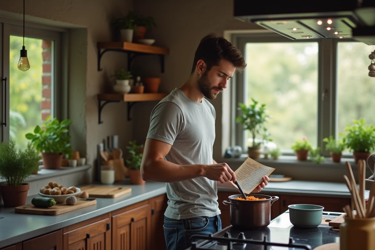 Jeune homme lit recette en cuisinant