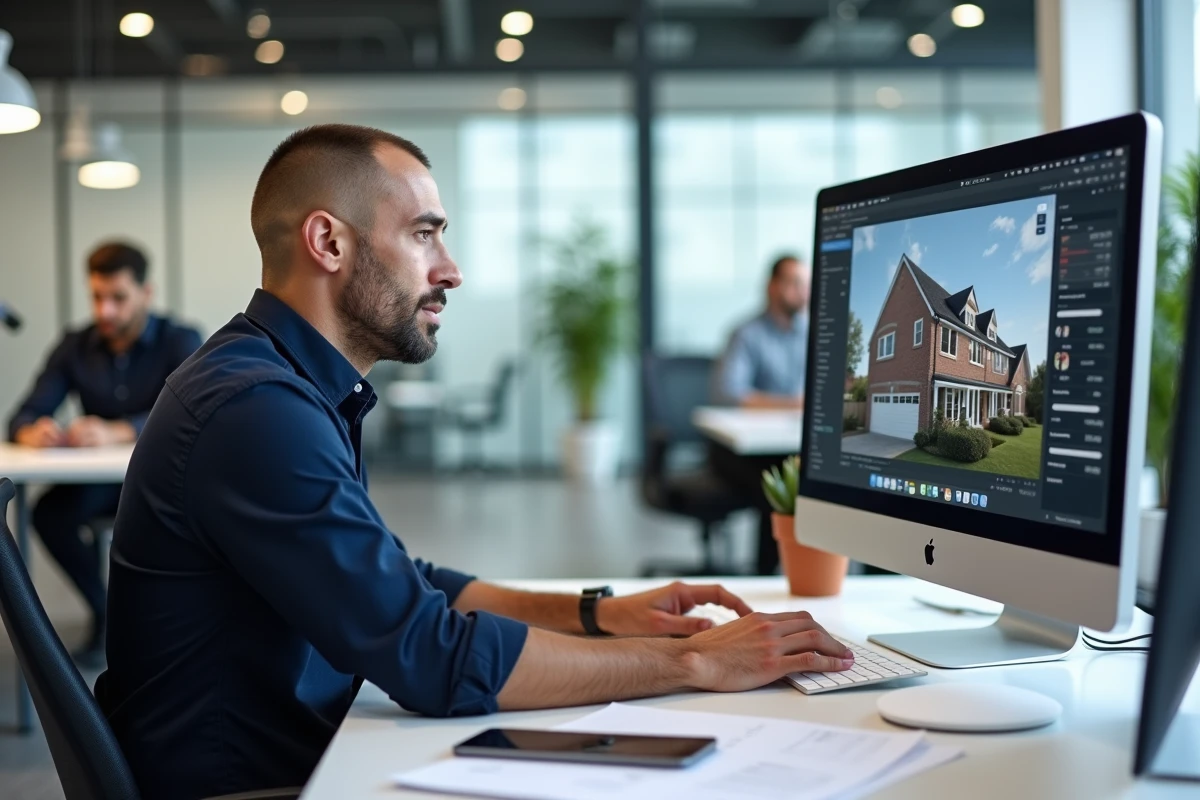 Homme analysant des annonces immobilières au bureau