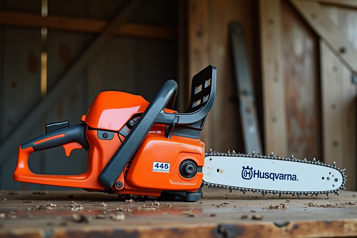 Gros plan de la tronçonneuse Husqvarna 445 posée sur un établi en bois avec détails de la chaîne et du guide-bar