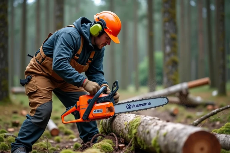 Utilisateur professionnel équipé de protections opérant une tronçonneuse Husqvarna 445 pour couper un tronc de bouleau en forêt