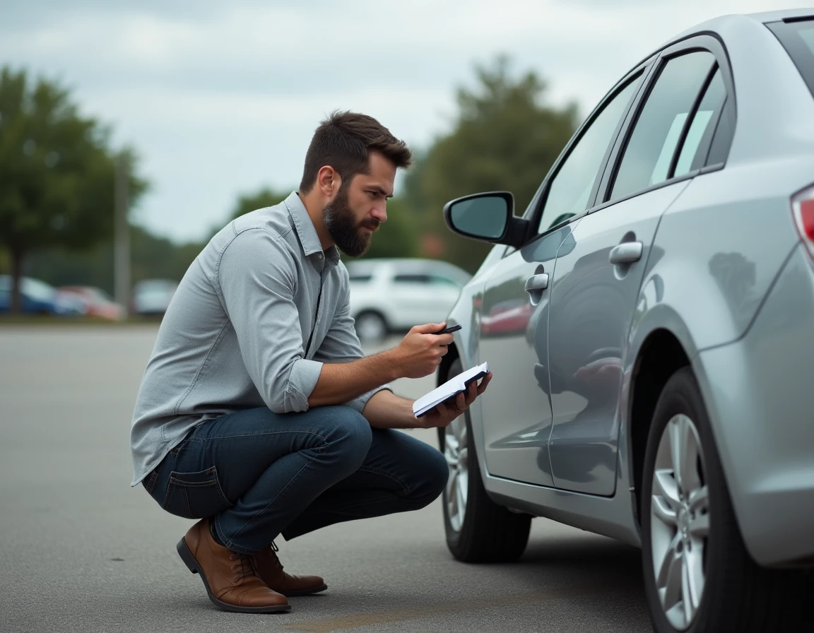 Homme inspectant l'état d'une voiture d'occasion dans un parking avant un achat