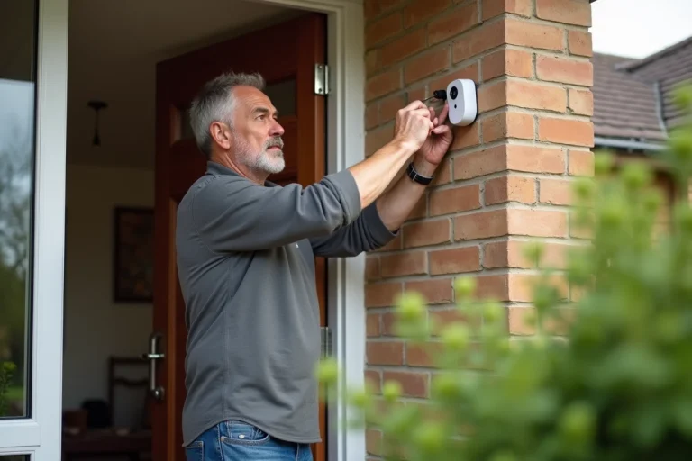 Homme moyenâge en train d'installer une caméra de sécurité moderne devant sa maison