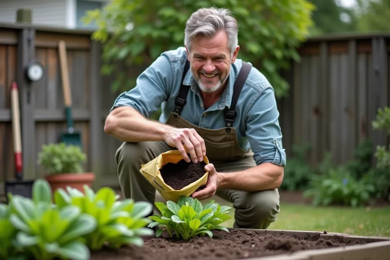 Homme d'âge moyen en jardinage avec terreau universel