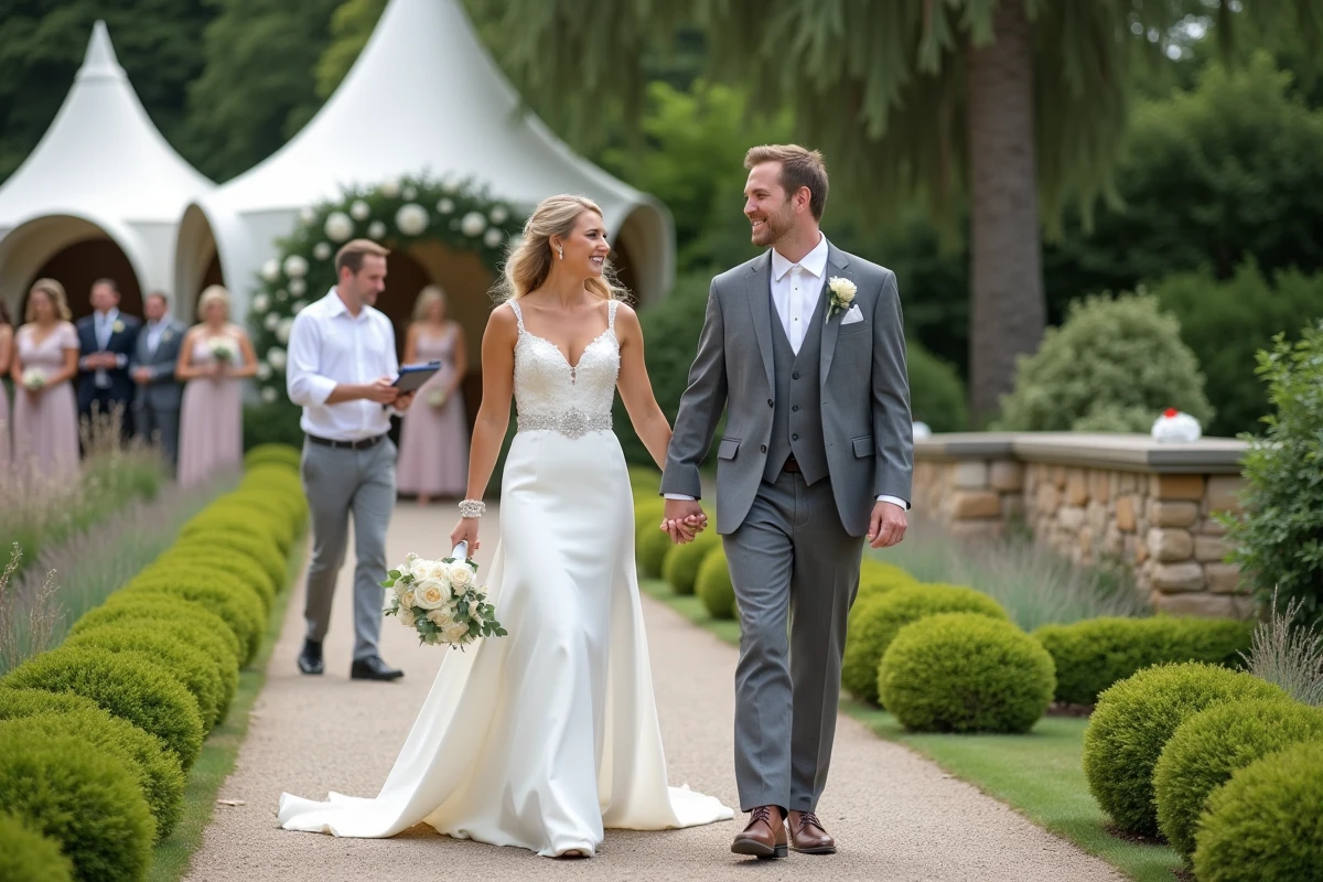 Jeune couple marié marche dans un jardin avec invités
