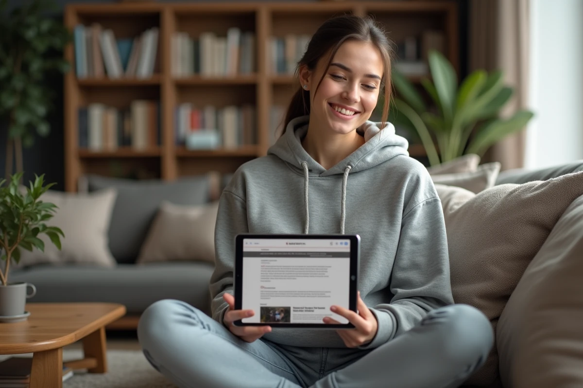 Jeune femme explorant le plan du site d'un journal en ligne sur une tablette depuis son salon