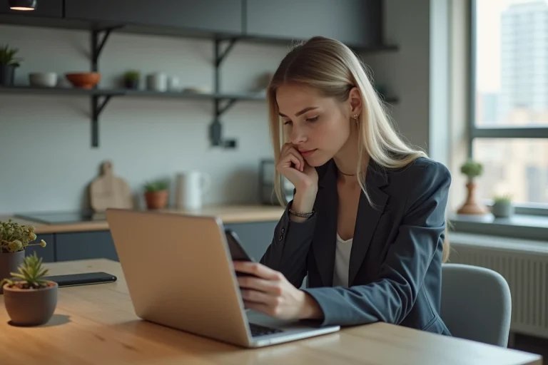 Jeune femme en blazer regardant son smartphone dans une cuisine moderne