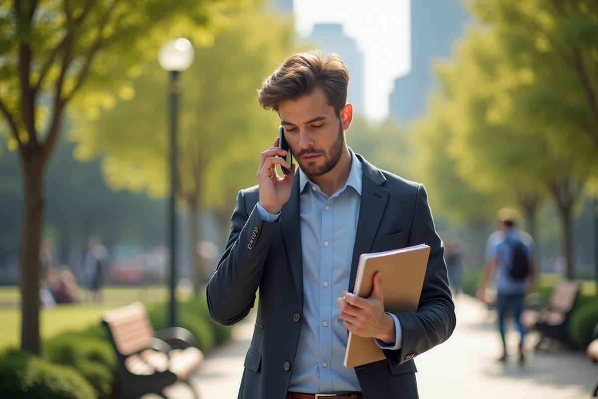 Jeune homme parlant au téléphone dans un parc en ville