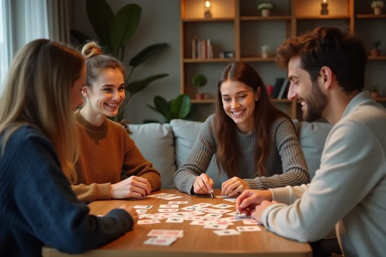 Quatre jeunes adultes jouent aux cartes dans un salon convivial
