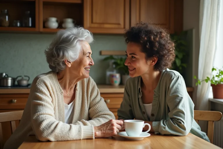 Une femme âgée et sa fille adulte partageant un moment de complicité autour d'une tasse de thé dans une cuisine familiale chaleureuse