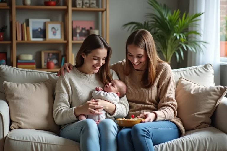 Jeune maman française avec bébé dans un salon chaleureux