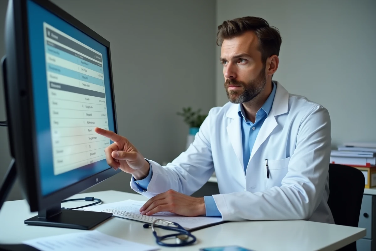 Médecin généraliste en consultation expliquant le statut ALD sur un dossier patient informatique avec une carte Vitale posée sur le bureau