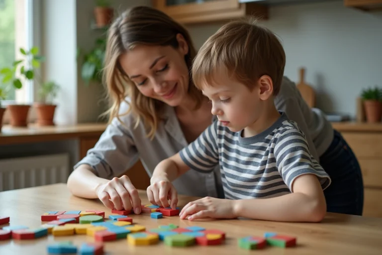 Mère aidant son jeune enfant à assembler un puzzle en bois sur une table de cuisine familiale