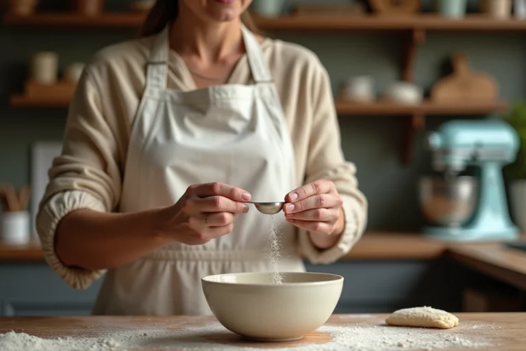 Femme mesurant avec précision la levure pour un gâteau dans une cuisine rustique