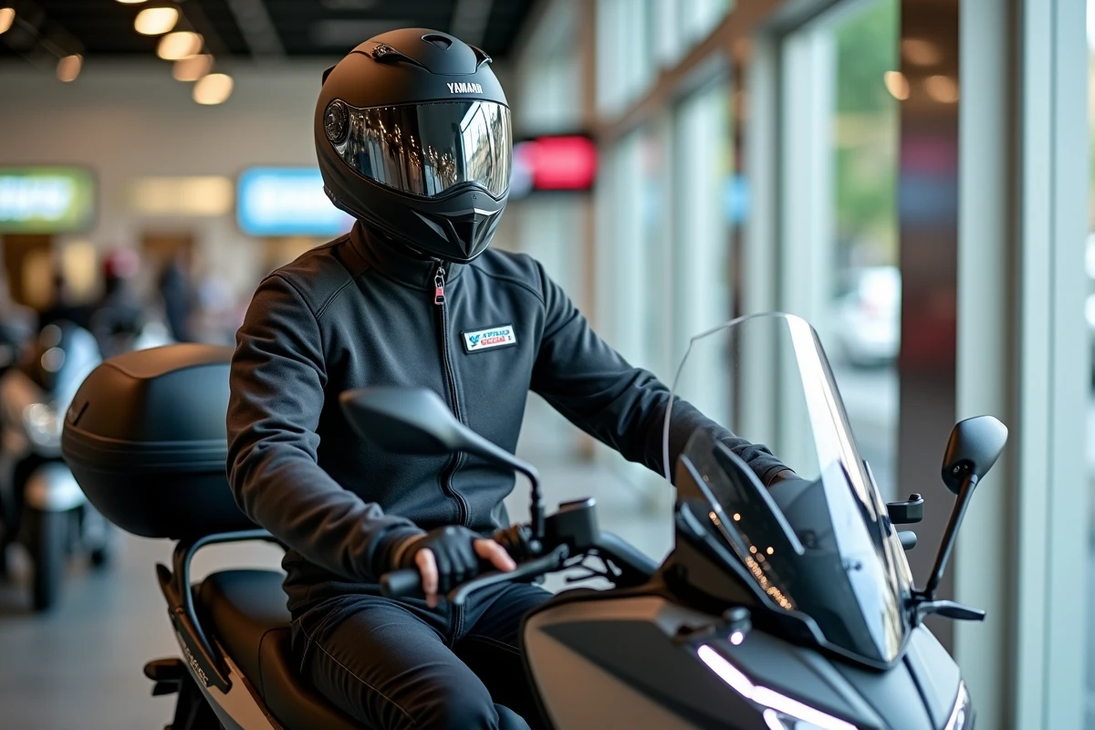 Motard adulte équipé assis sur un TMAX 2026 full options dans une concession Yamaha avec écran GPS et top case
