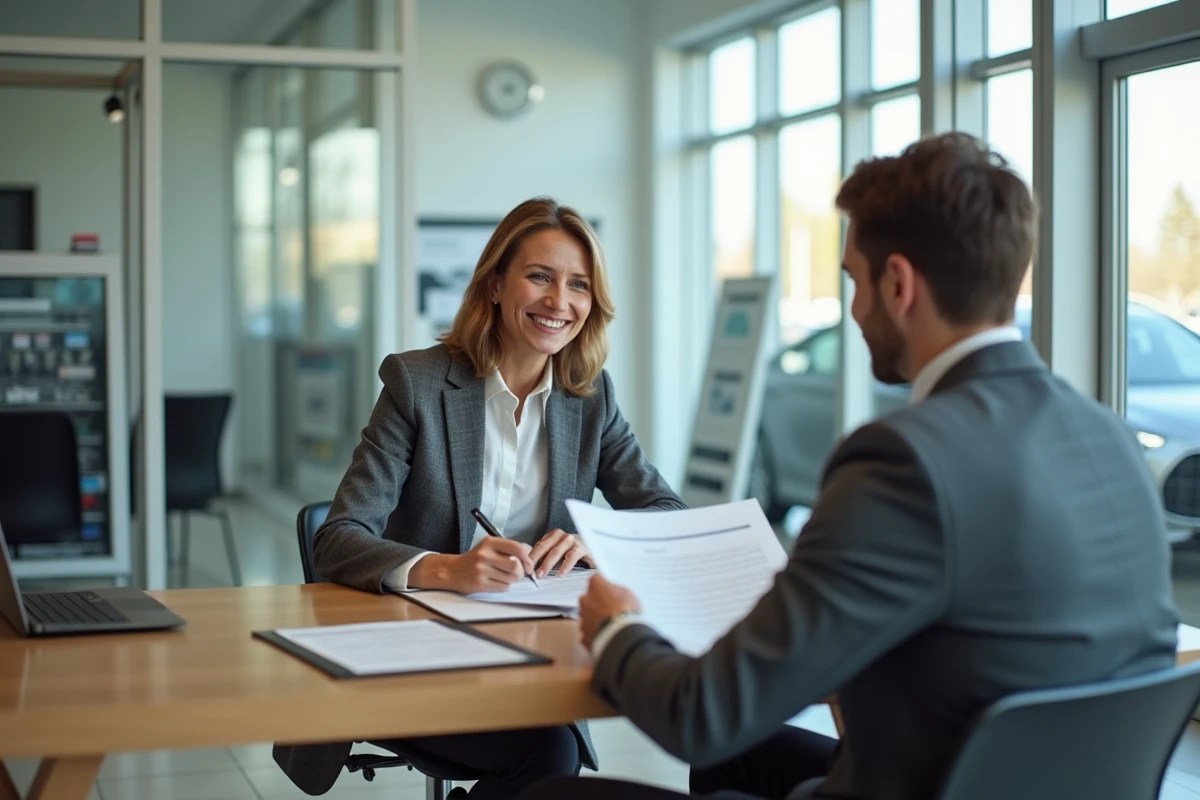 Femme négociant la vente d'une voiture d'occasion avec un vendeur dans un bureau de concession automobile