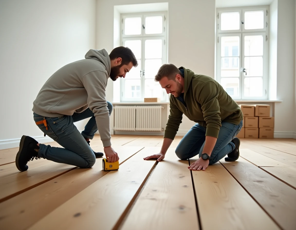 Deux ouvriers posant un parquet en bois dans un appartement en rénovation