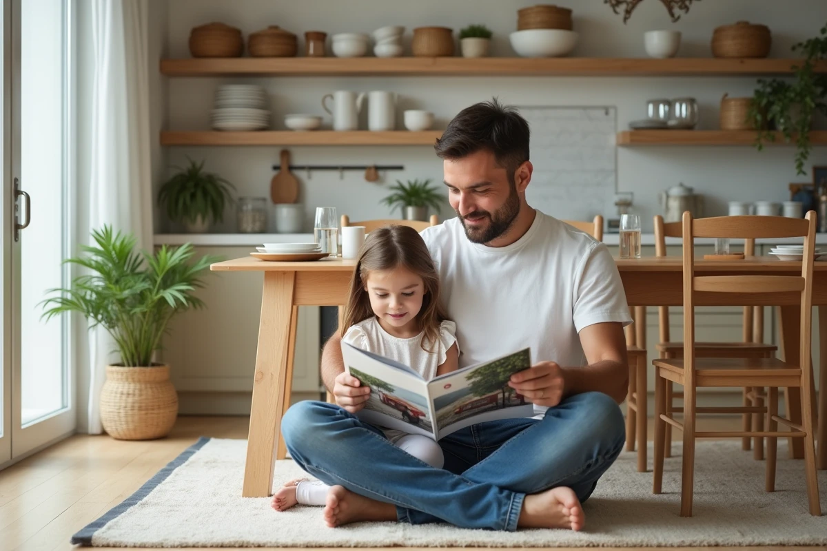 Père et fille lisant un magazine dans une salle à manger lumineuse