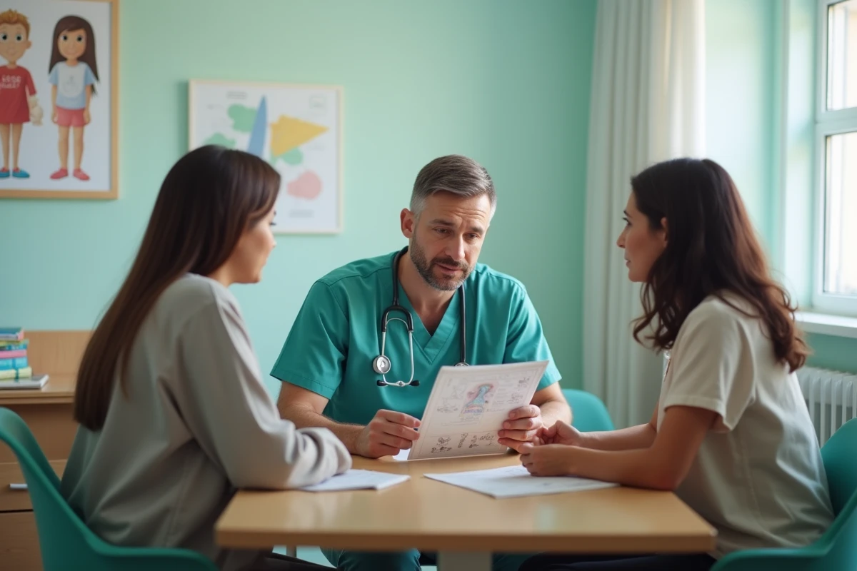 Médecin pédiatre expliquant un diagnostic génétique rare à des parents lors d'une consultation dans un hôpital pour enfants