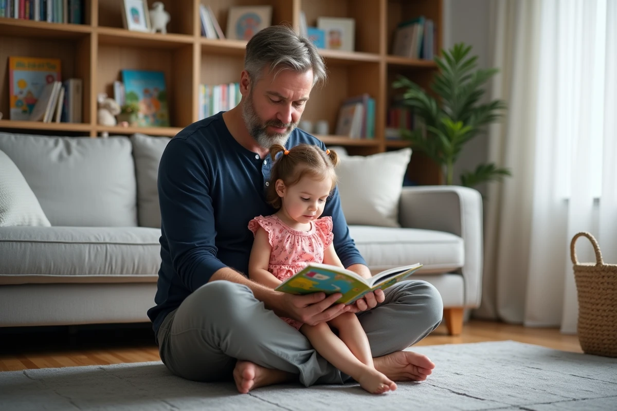 Père lisant un livre illustré à sa petite fille dans un salon familial cosy