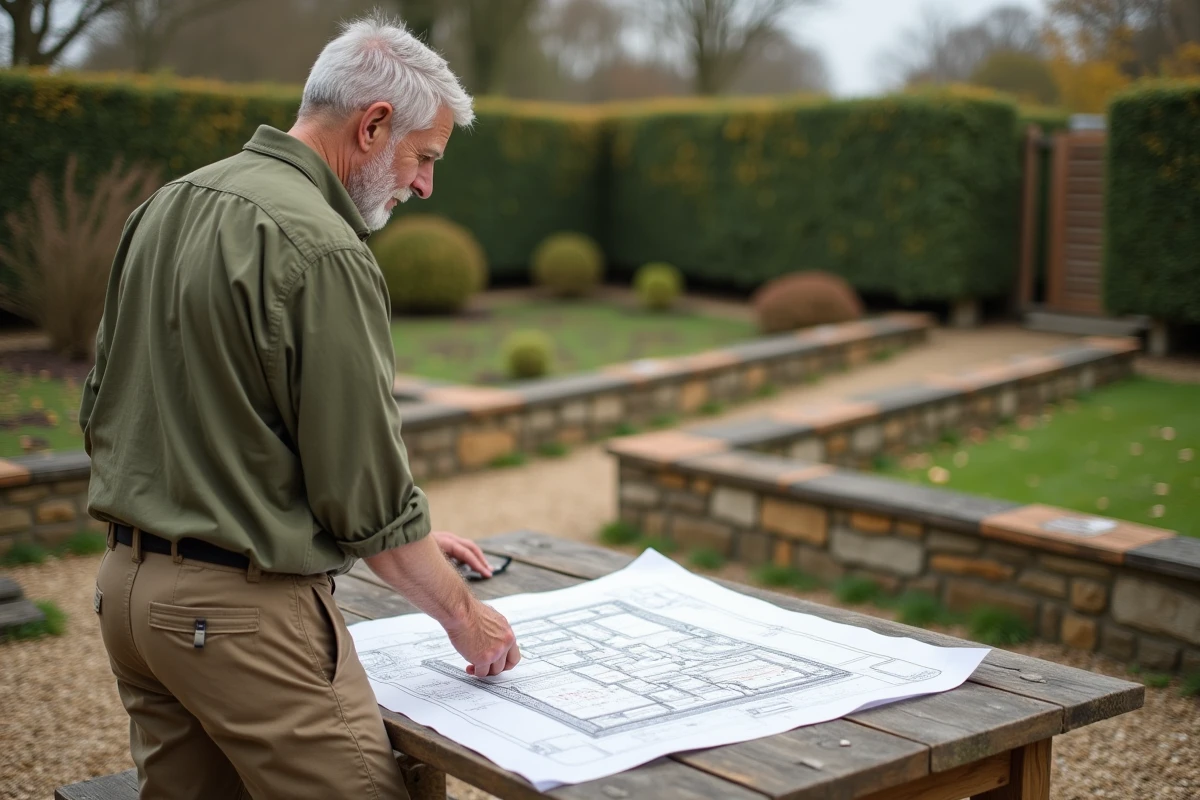 Homme consultant un plan d'aménagement de jardin dessiné à la main sur une table extérieure avec un jardin en cours de réaménagement en arrière-plan
