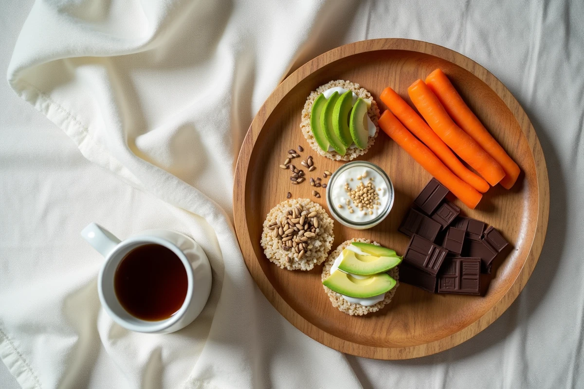 Vue de dessus d'un plateau de collations saines avec galettes de riz à l'avocat, graines, carottes et chocolat noir sur nappe en lin