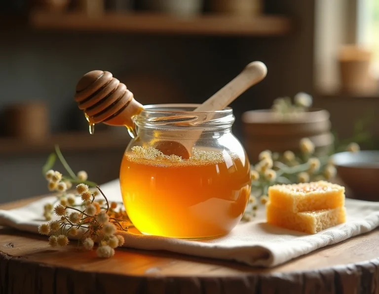 Pot de miel Leak doré posé sur une table en bois rustique avec un bâtonnet de miel et un morceau de rayon de cire