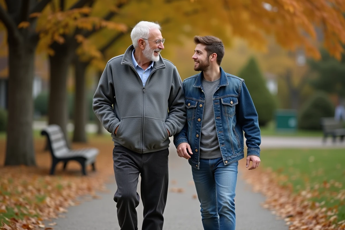 Un grand-père et son petit-fils se promenant ensemble dans un parc en automne, illustrant l'accompagnement intergénérationnel au quotidien