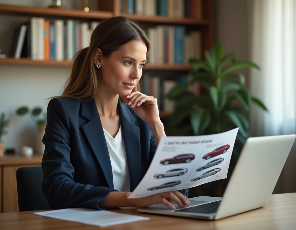 Femme recherchant une voiture d'occasion en ligne depuis un bureau à domicile