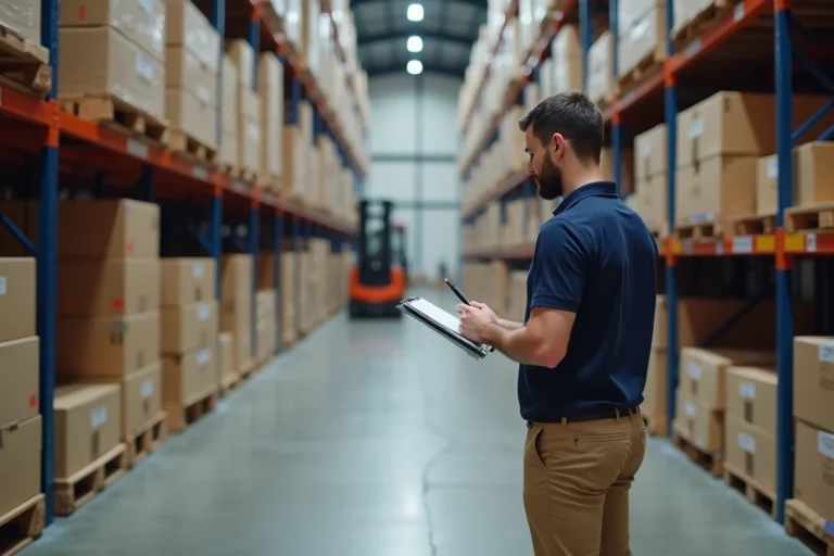 Responsable logistique dans un entrepôt de distribution moderne supervisant des palettes de marchandises