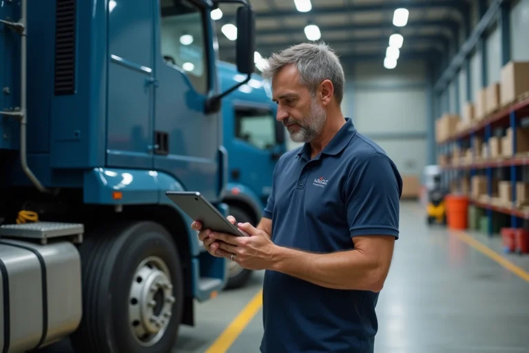 Responsable logistique consultant une tablette devant un camion Kamaz dans un dépôt industriel moderne