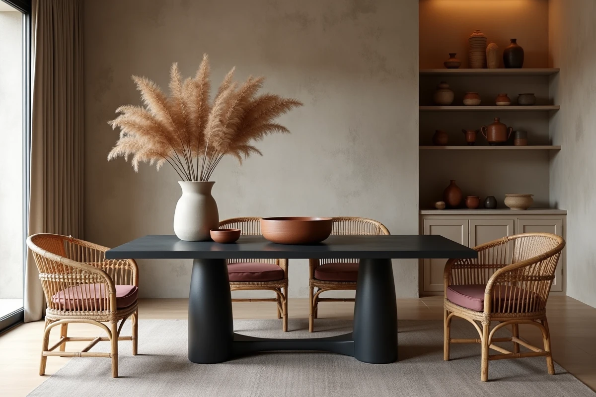 Salle à manger style Japandi avec table noire, chaises en rotin et décoration en céramique artisanale tendance intérieur