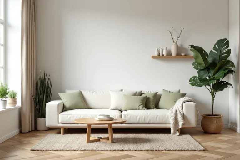 Salon scandinave minimaliste avec canapé en lin crème, table basse en chêne et plante tropicale, décoration tendance 2024