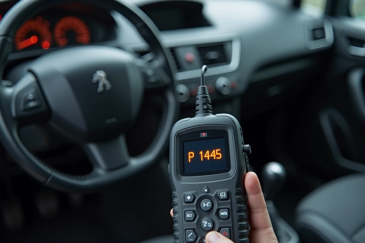 Écran de scanner OBD2 affichant le code défaut P1445 sur le tableau de bord d'une Peugeot