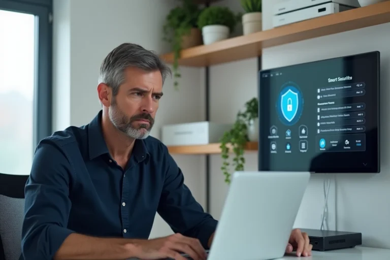 Professionnel en sécurité informatique analysant un panneau de télésurveillance connecté dans un bureau à domicile, illustrant les risques pour les données personnelles
