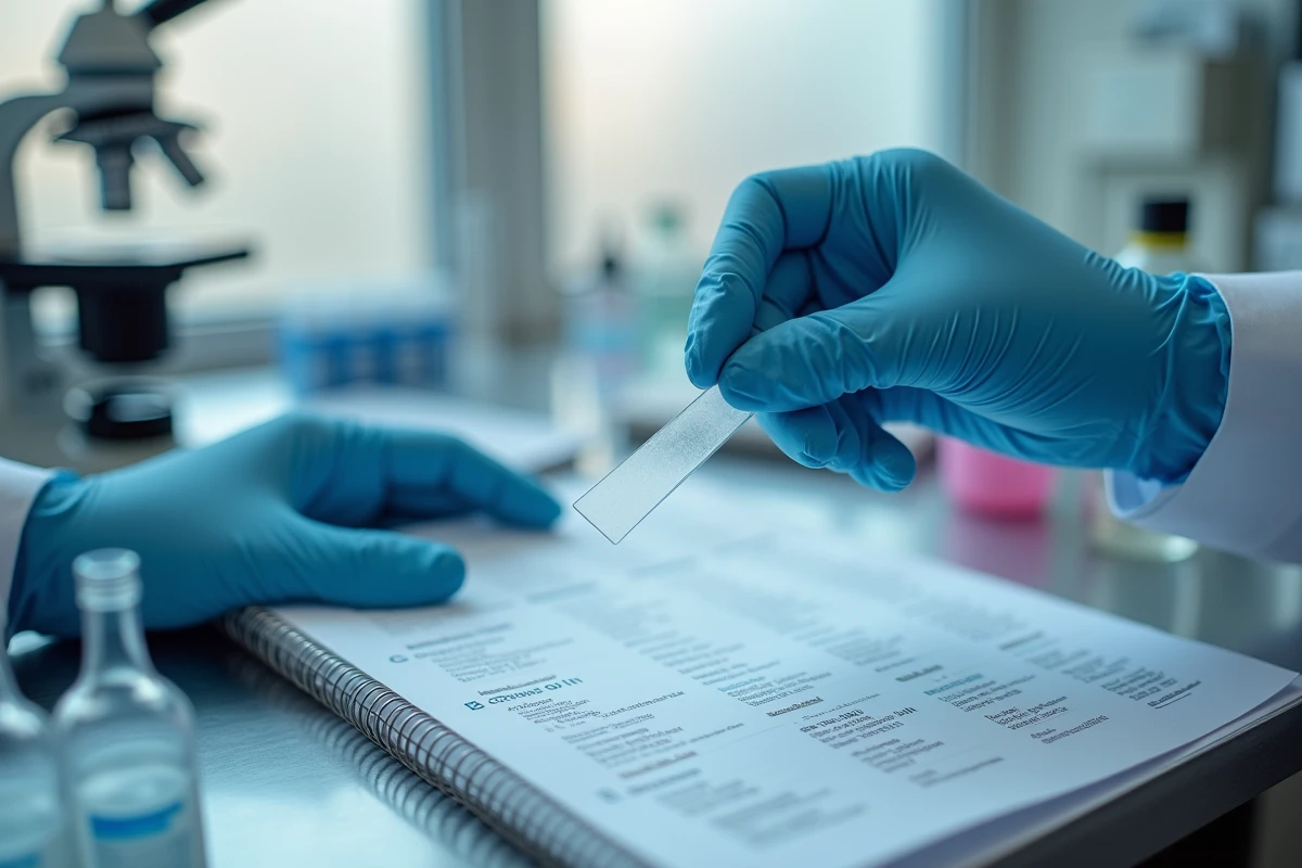 Mains de scientifique tenant une lame de verre et un rapport de séquençage ADN dans un laboratoire de génétique universitaire