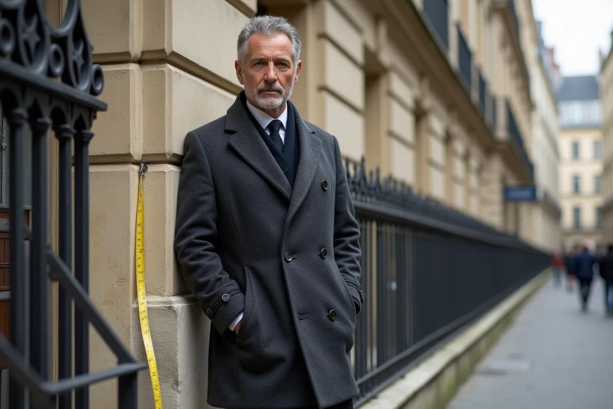 Homme élégant grand de taille en manteau charbon sur les marches d'un immeuble parisien avec mètre ruban, illustration journalistique de la taille d'une star française