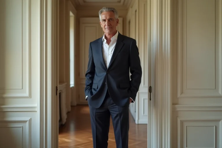Homme grand en costume marine dans un appartement parisien élégant, illustrant la taille impressionnante d'une célébrité française