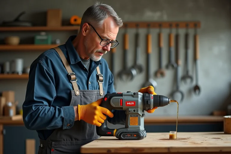 Technicien versant de l'huile dans une perceuse Hilti en atelier
