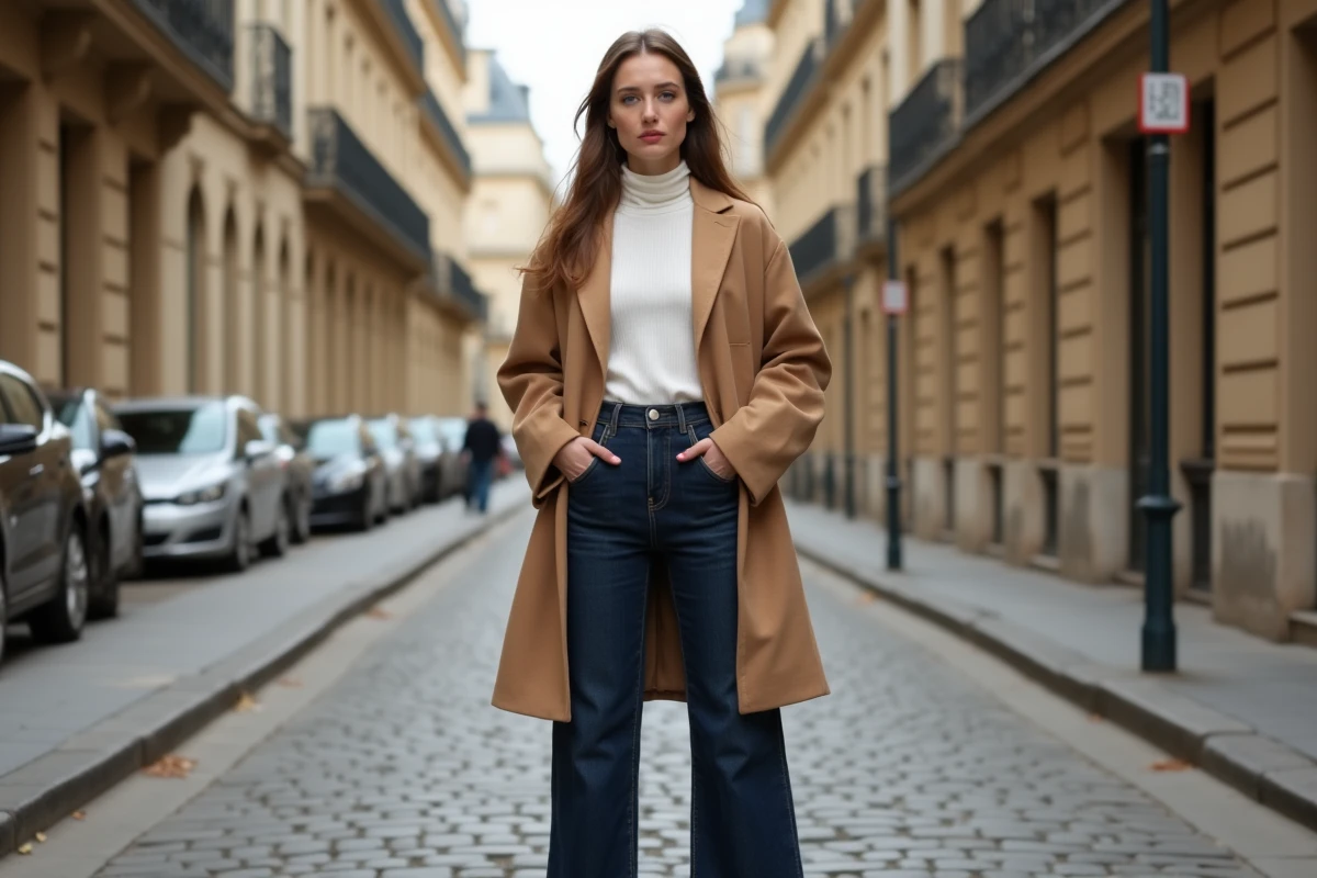 Femme élégante portant un blazer camel oversize et un jean taille haute large dans une rue pavée parisienne, look mode tendance automne