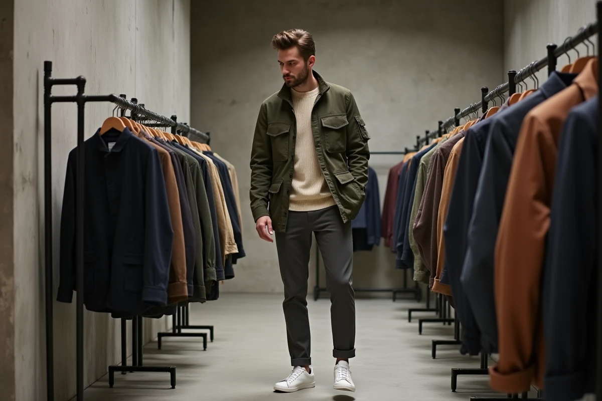 Homme stylé en veste utility olive et sneakers blanches dans un concept store minimaliste, tendances mode masculine de la saison