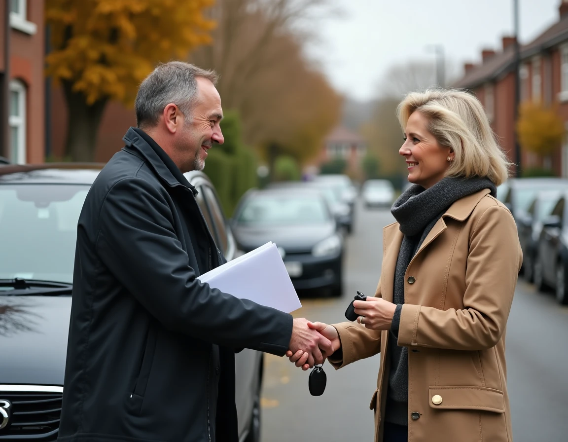 Transaction de vente de voiture d'occasion entre particuliers dans une rue résidentielle