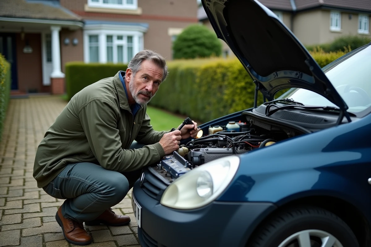 Particulier vérifiant le moteur d'une voiture d'occasion dans une allée privée avant une transaction entre particuliers
