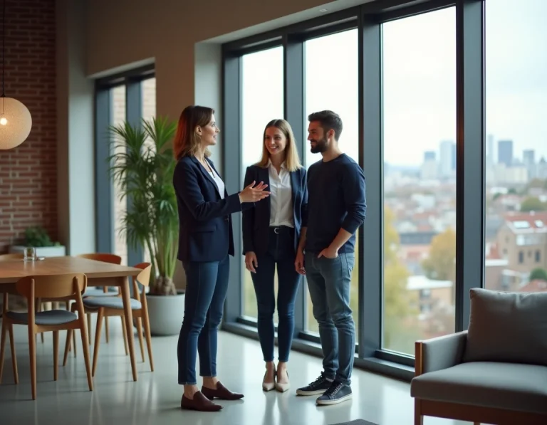 Agent immobilier guidant un couple lors d'une visite d'appartement moderne avec vue urbaine