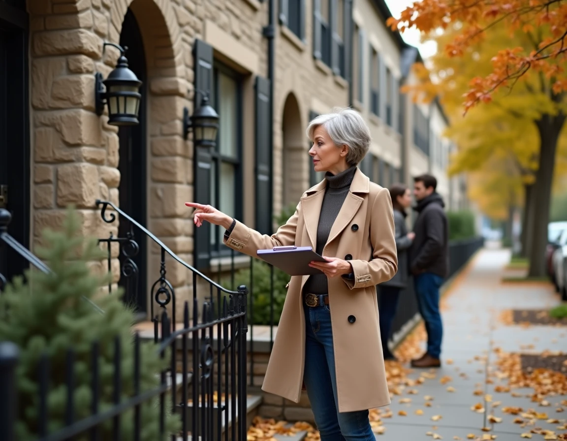 Consultante immobilière présentant une maison en pierre à un couple lors d'une visite extérieure en automne